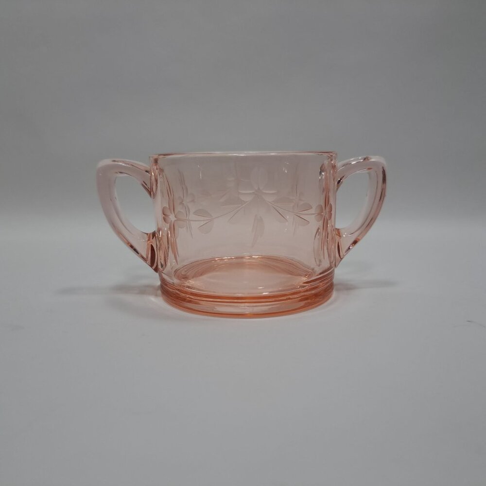 Pink Depression Double Handled Open Sugar Bowl Etched Floral Decor 30s Vintage